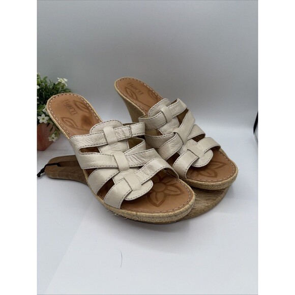 Born Sandals Tan Leather Woven Wedge Block Heel Slip-on Cross Strap Women Sz 9 - Picture 13 of 13